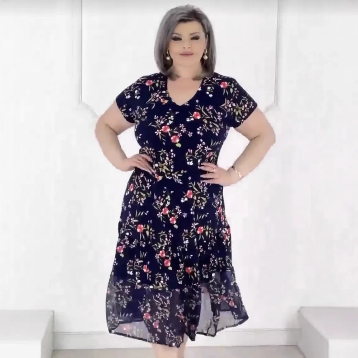 

2026 Women V Neck Short Sleeve Printed Dress Floral Flower High Waist Dress