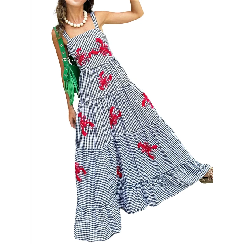 FX-femmes robe Maxi brodée sans manches smockée robe d'été fluide Boho robes longues d'été plage Vocation