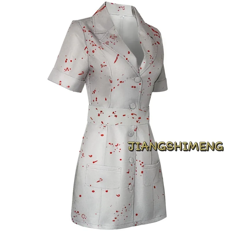 영화 사일런트 힐 코스프레 간호사 흰색 Bloodstained 벨트와 모자 유니폼 할로윈 의상 여자를위한 멋진 할로윈 드레스