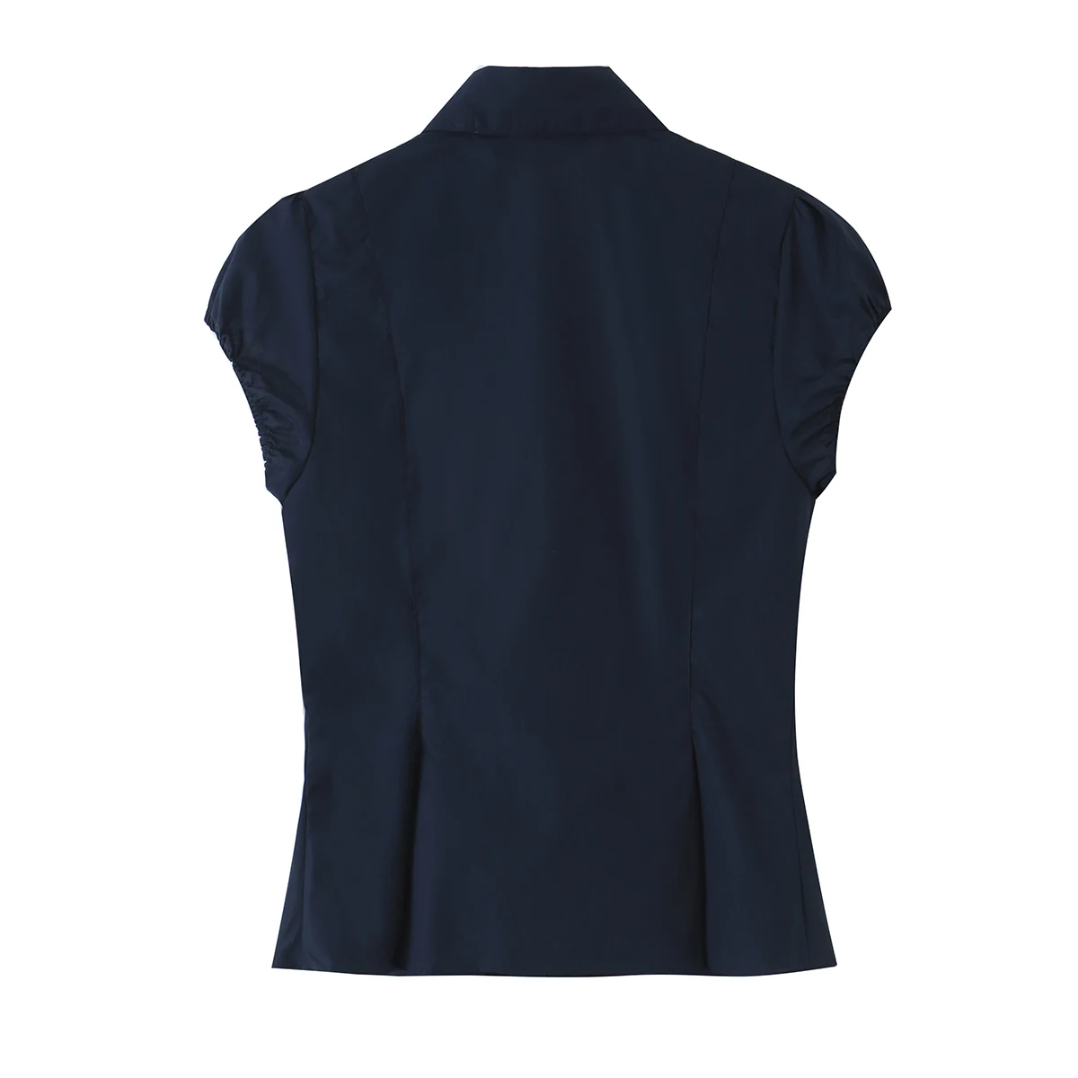 BSAY Elegant Office Women Lapel Collar Shirt Removable Striped Bow Tie Cap Puff Short Sleeve Dual Pockets Slim Fitted Blouse Top