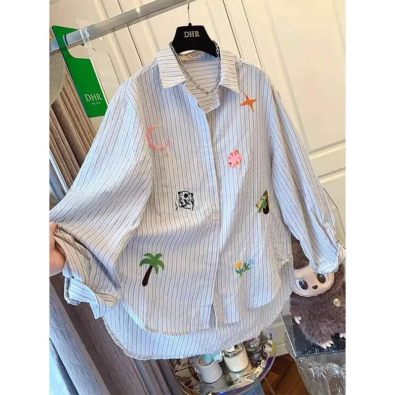 

Extra Large 300 Pou Design Sense Embroidered Striped Long Sve irt Casual Spring Autumn Sle Loose Version ex Top