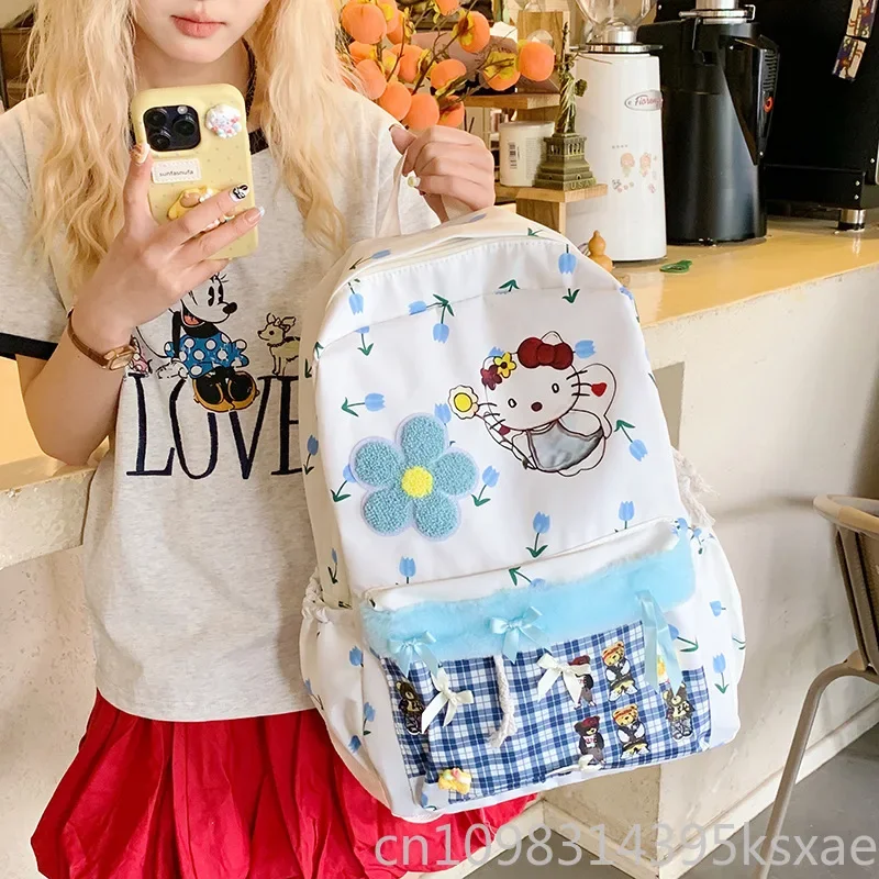   Рюкзак Hello Kitty для женщин и девочек, нейлоновая ткань, школьная сумка Kawaii, легкий, большой вместительный, с мультяшным принтом