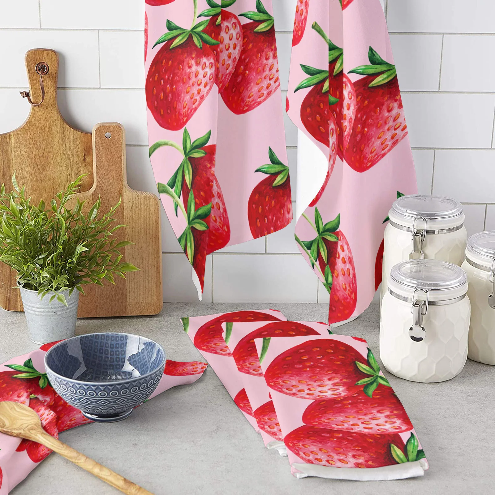 Toalla de microfibra para secado a mano, juego de paño de limpieza para baño, estampado de frutas y fresas, 45x75