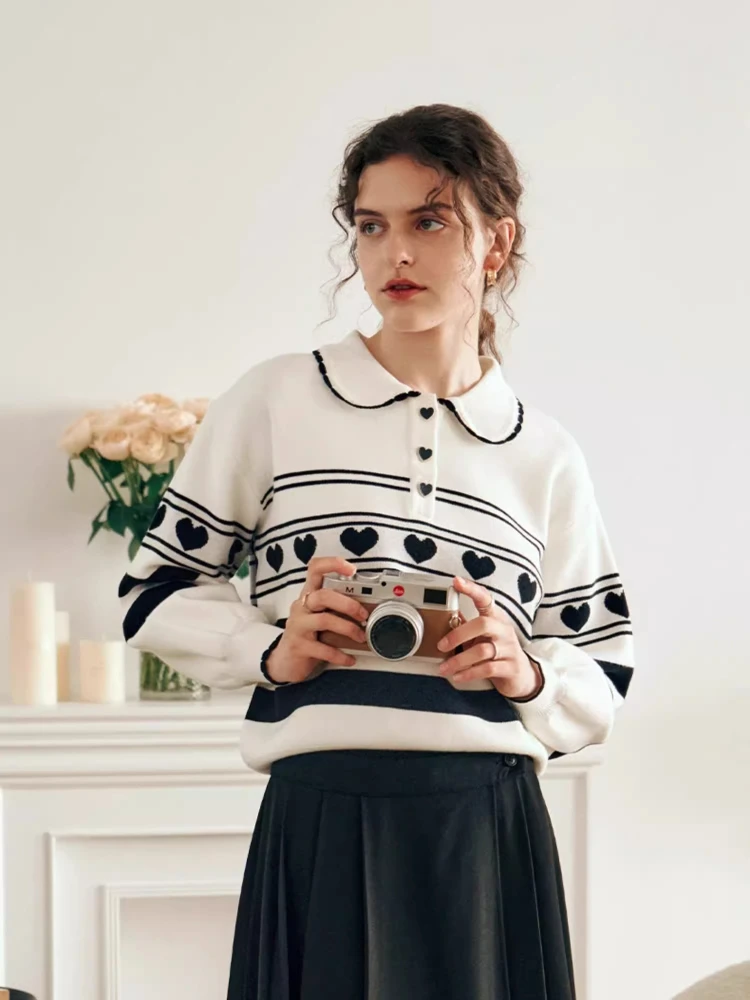 OLrain レディース ストライプ セーター 2025 秋の新作 ターンダウンカラー 長袖 ジャンパー カジュアル ルーズフィット プルオーバー O23DM69099