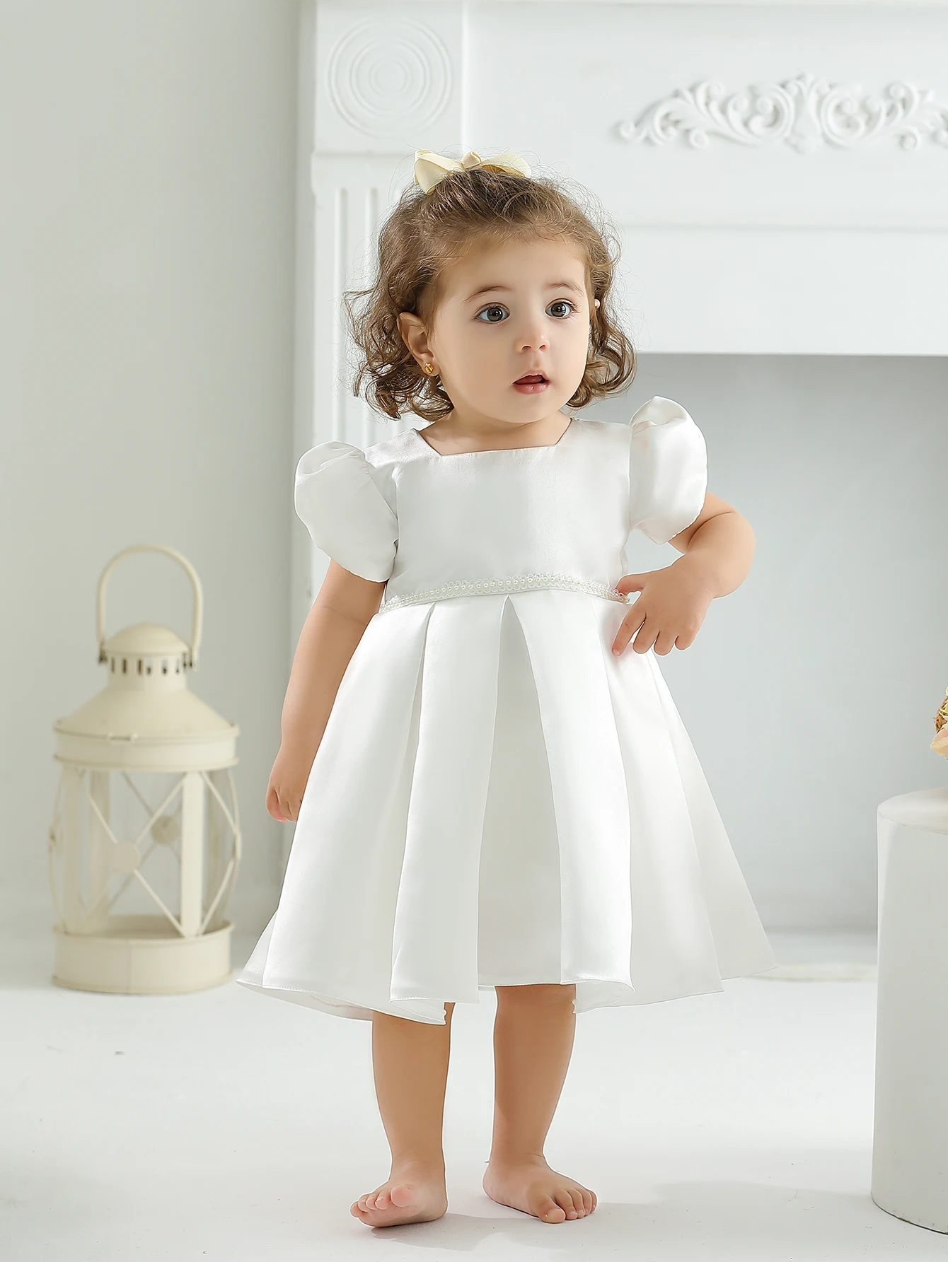 Soft Satin Hand Made Pearl Decoration Ruffle Elegant Party Wedding Baptism Baby Dress