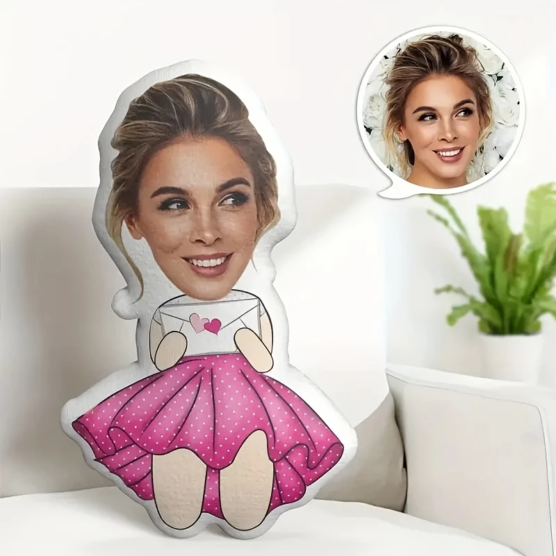 Custom Photo Envelope Pillow- Personalized Soft Plush with Heart-Shaped Eyes and Polka Dress, Halloween Thanksgiving Home Decora