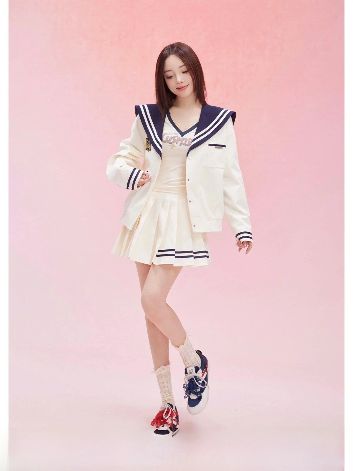 

Sweet Naval Collar College Style Jacket Skirt Set Lulus Miracle Beach Love Letter Li Xiaolu Cotton Fashion Set for Women