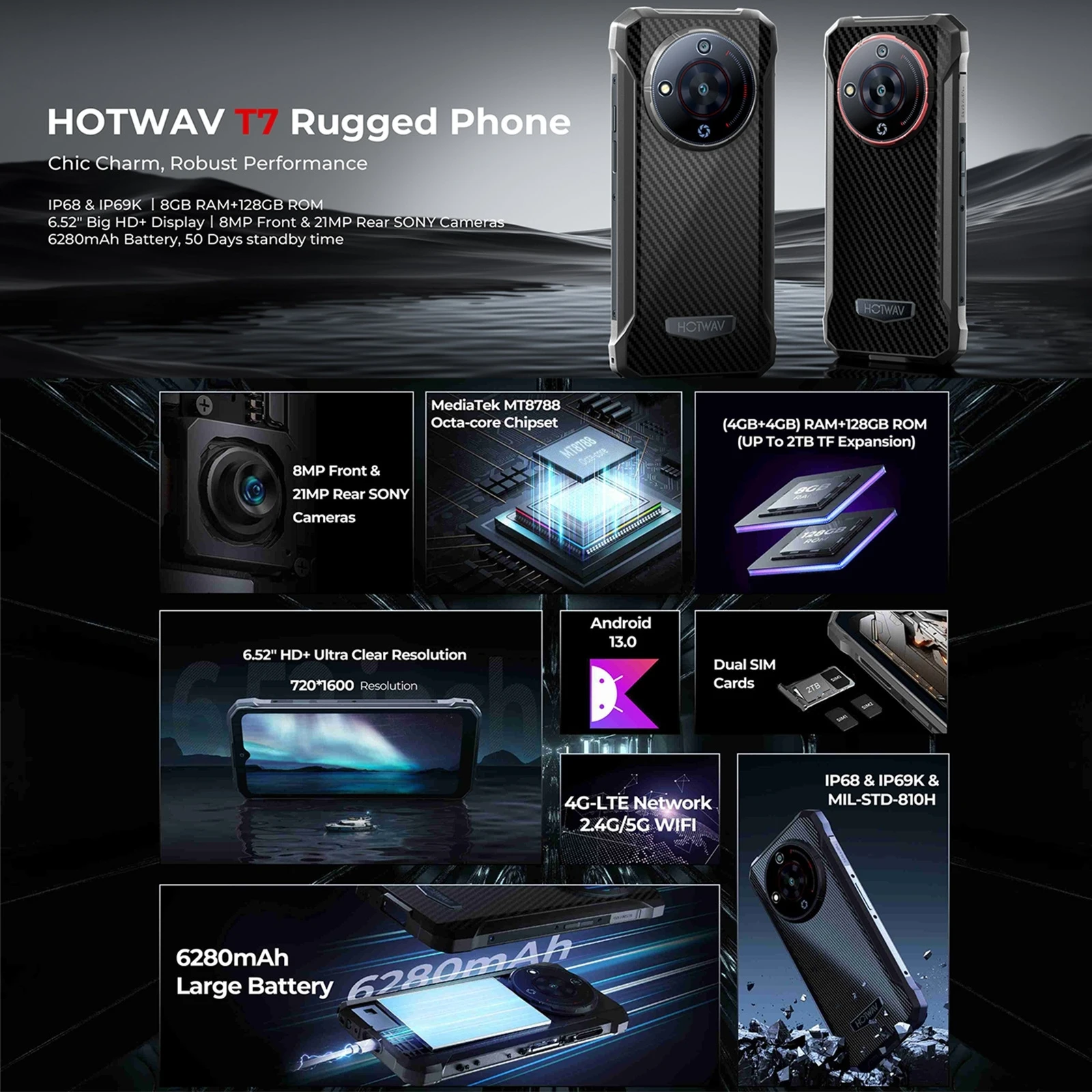 HOTWAV T7 Rugged Phone 6.52'' HD+ Display 4GB+128GB 6280mAh UltraThin 21MP MT8788 Octa Core Android 13 4G Smartphone