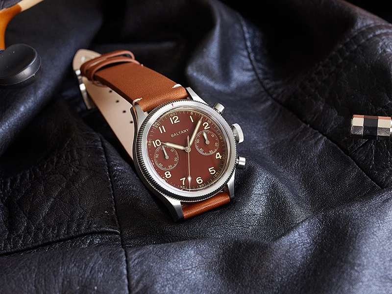 Baltany S5054 Pilot Chrono Quarzuhren, schnelles Zurücksetzen, drehbare Lünette, geriffelte Lünette, Vintage-Retro-Stil, Saphirglas mit Lume – Detail 8