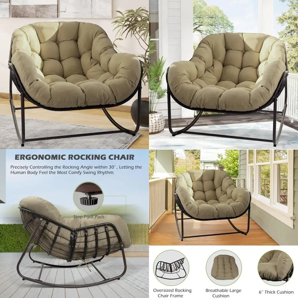 Nadmierne krzesło bujane Papasan w kształcie jajka z poduszką i ramą do użytku wewnątrz i na zewnątrz.