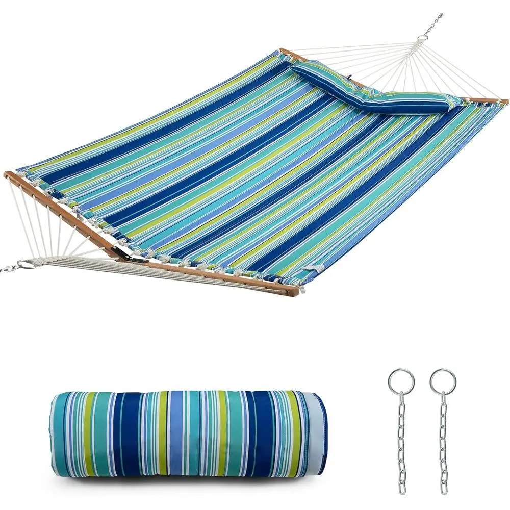 10.5T Double Hammock, Heavy Duty Outdoor Hammock with Curved Spreader Bars, Detachable Pillow, 2 Person Hammocks or Outside, Por
