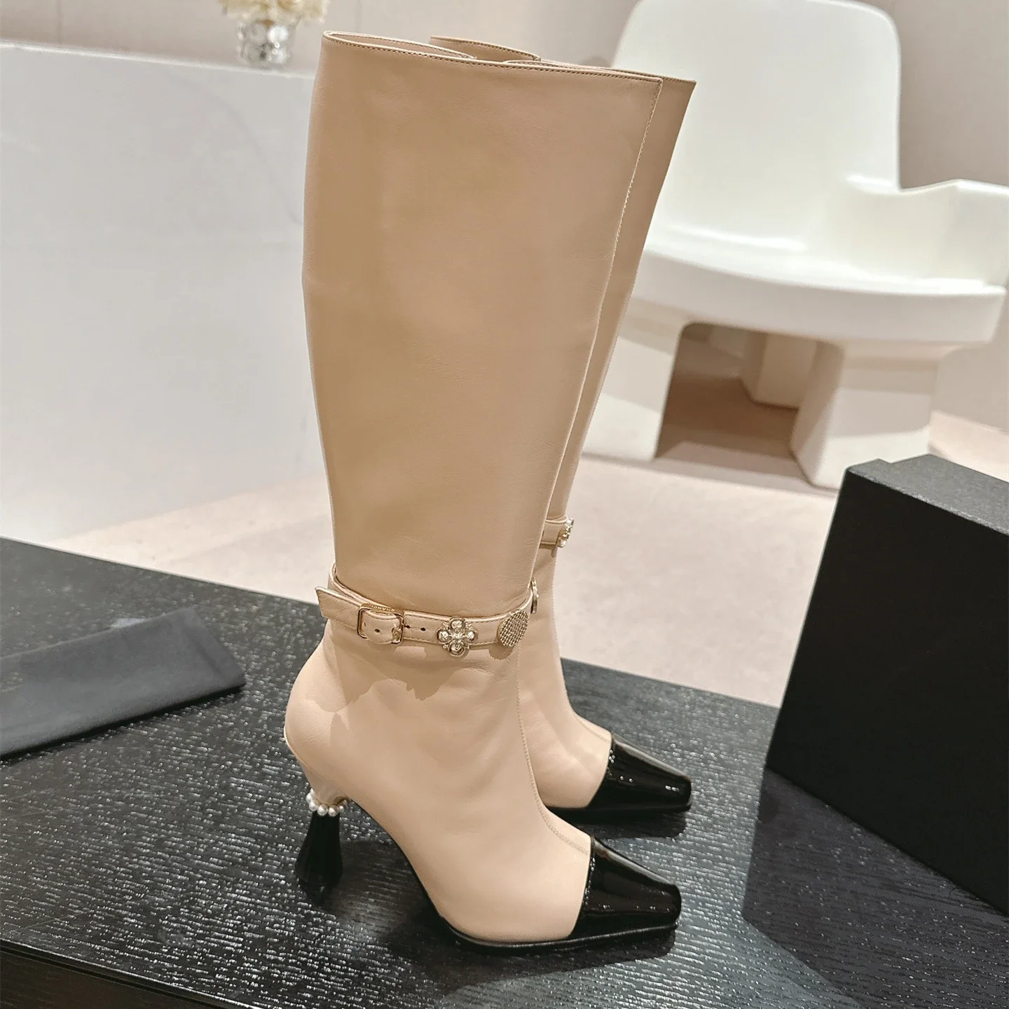 Shoes For Women Size34-42 Genuine Leather Boots Pearl Super High Heels Knee High Boot Metal Decoration Shoes Zapatos De Mujer