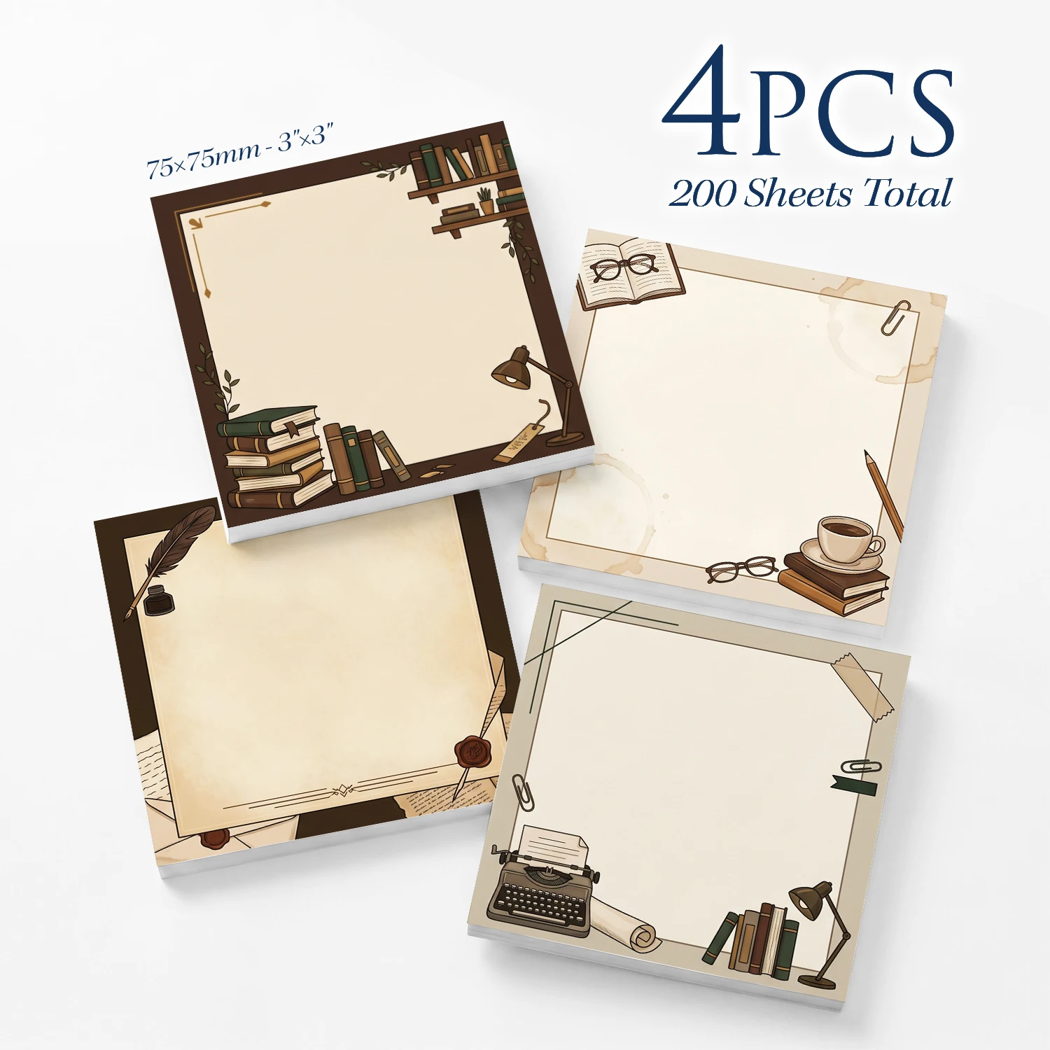 4pcs Vintage Library Sticky Notes Set, Book Coffee Writing Theme Self Stick Memo Pads, 200 Sheets Total, Aesthetic Study Notepad