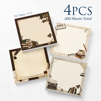 4pcs Vintage Library Sticky Notes Set, Book Coffee Writing Theme Self Stick Memo Pads, 200 Sheets Total, Aesthetic Study Notepad