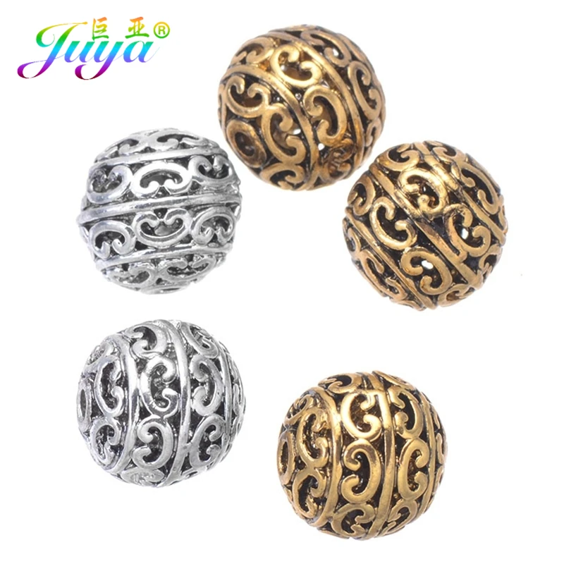 Juya 10Pcs/Lot 10mm Antique Gold Silver Plated Decorative Engrave Hollow Beads For DIY Natural Stones Beadwork Jewelry Making