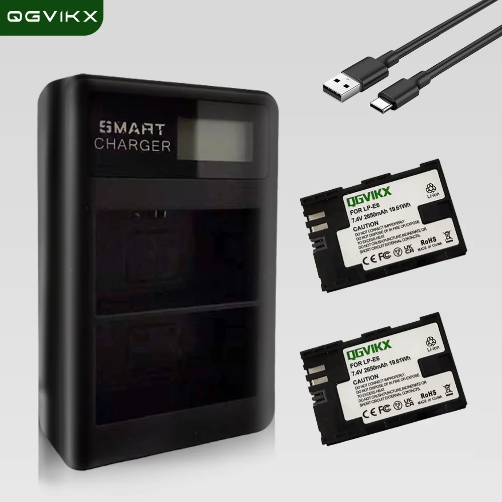 2-Pack LP E6 Battery and Dual Charger for Canon 7.4V 2650mAh for Canon EOS 5DS R 5D Mark II 5D Mark III 6D 7D 70D 80D Camera