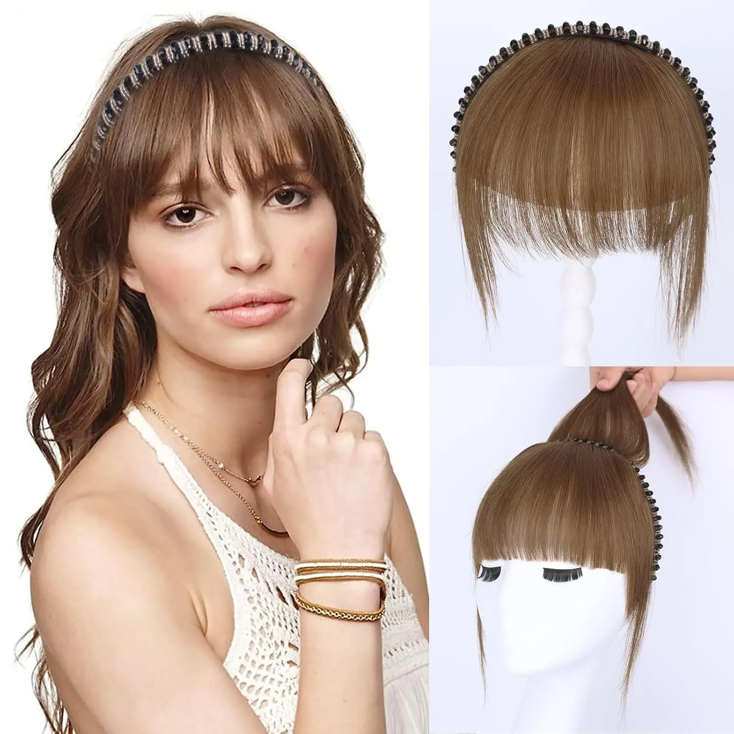 أغطية شعر بشري مع شريط من حجر الراين للنساء، مشبك في غرة مع شريط شعر مستقيم لتخفيف الشعر