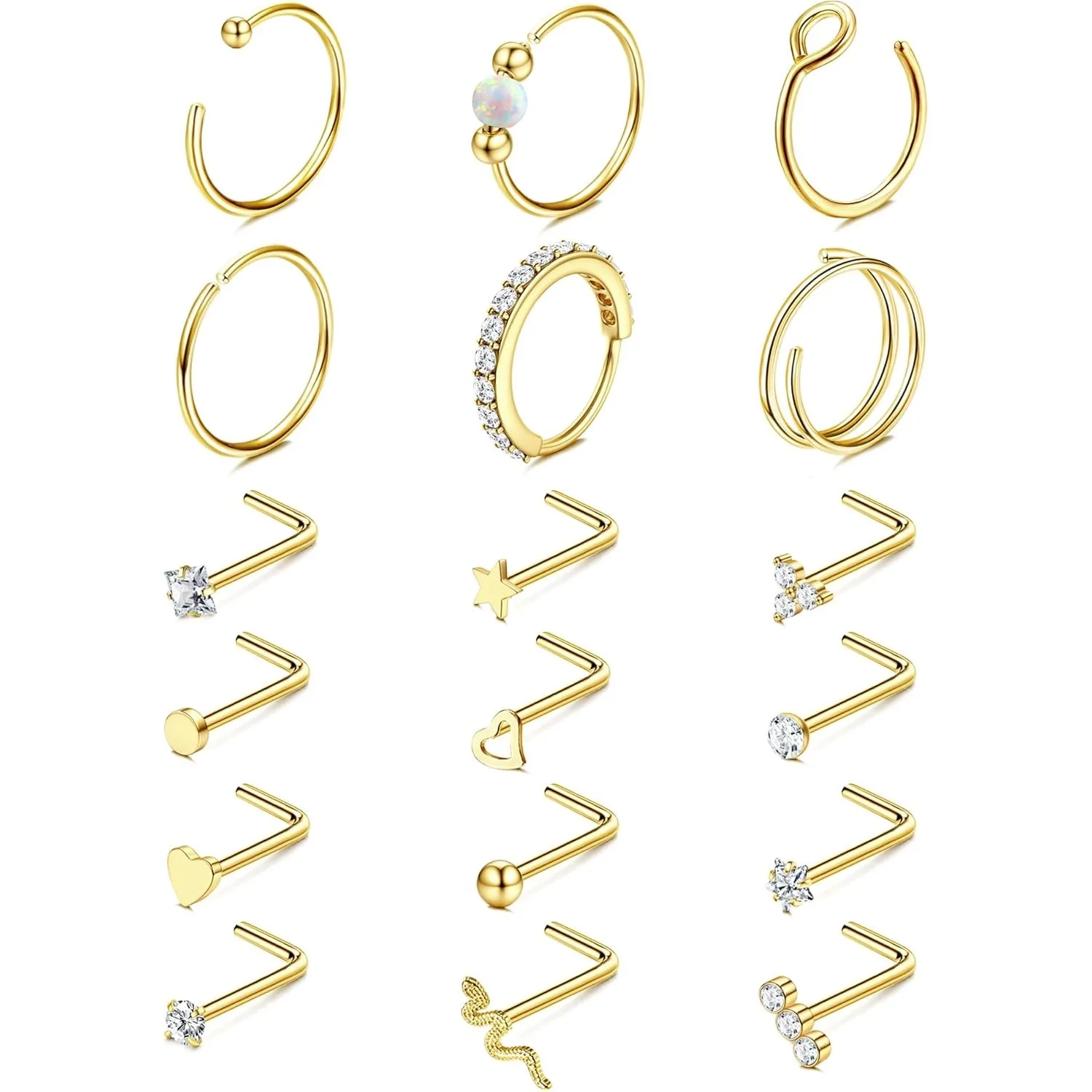 Florideco 14K Gold Plated Nose Rings for Women Men 20G Stainless Steel Nose Rings Hoops L Shaped Studs Nostril Piercings Jewelry