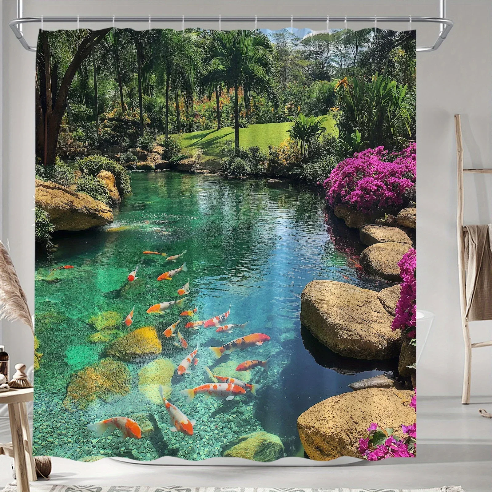 Cortina de ducha para estanque de jardín tropical con pez koi, poliéster, lavable a máquina, 12 ganchos, decoración de baño de moda, 70,8x70,8 pulgadas