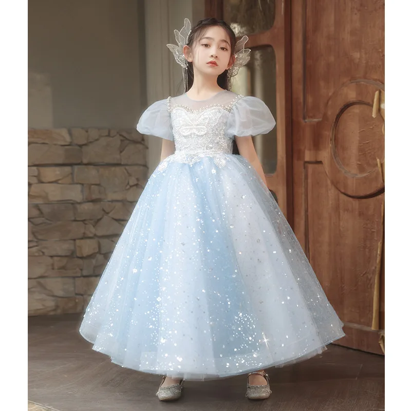 High end Girl Princess Dress Butterfly Pearl Beaded Blue 2024 Girl Wedding Dress Bridesmaid Children's Birthday Party Long Dress