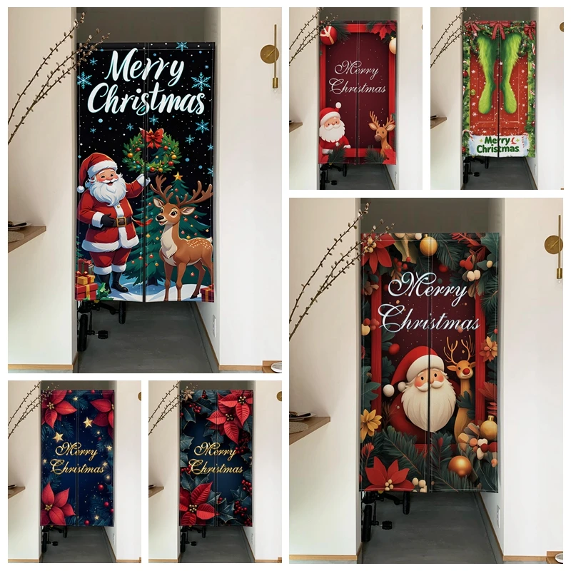 Christmas Noren Door Curtains Santa Claus Reindeer Xmas Pattern Linen Doorway Curtains Home Decor Kitchen Entrance Half Curtain