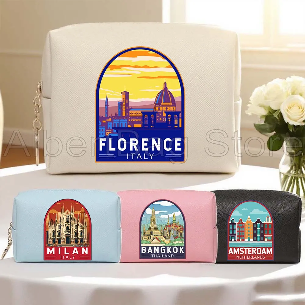 

Florence Amsterdam Rio De Janeiro Bangkok Budapest Travel Art Emblem PU Leather Cosmetic Bag Women Makeup Waterproof Storage Bag