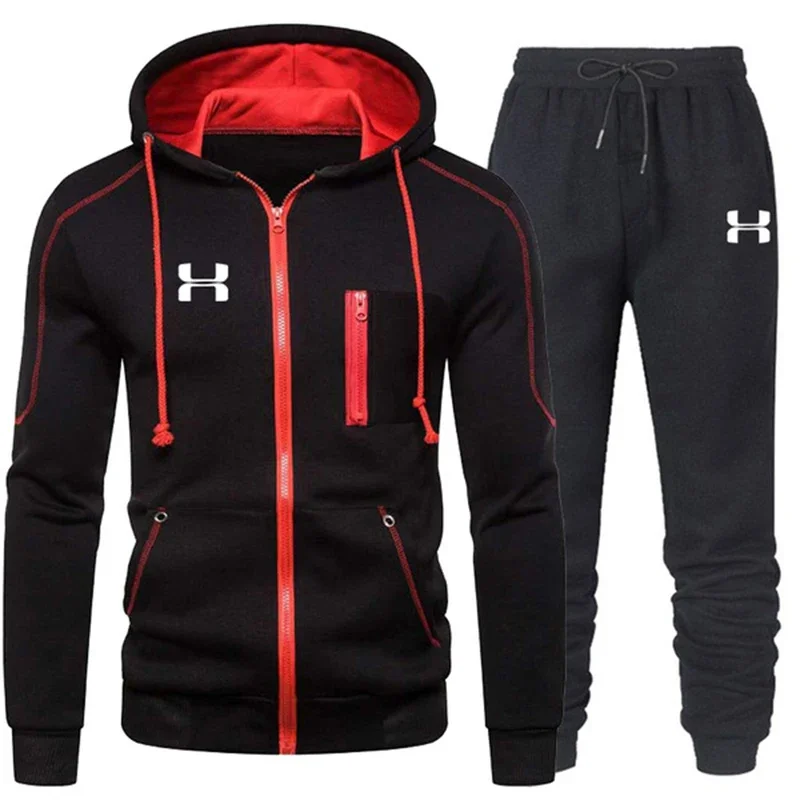 Autumn Winter Mens Tracksuit Jogging Sweatpants 2 Piece Set Sport Zipper Jacket+Running Trousers Suit Casual Printing Clothing