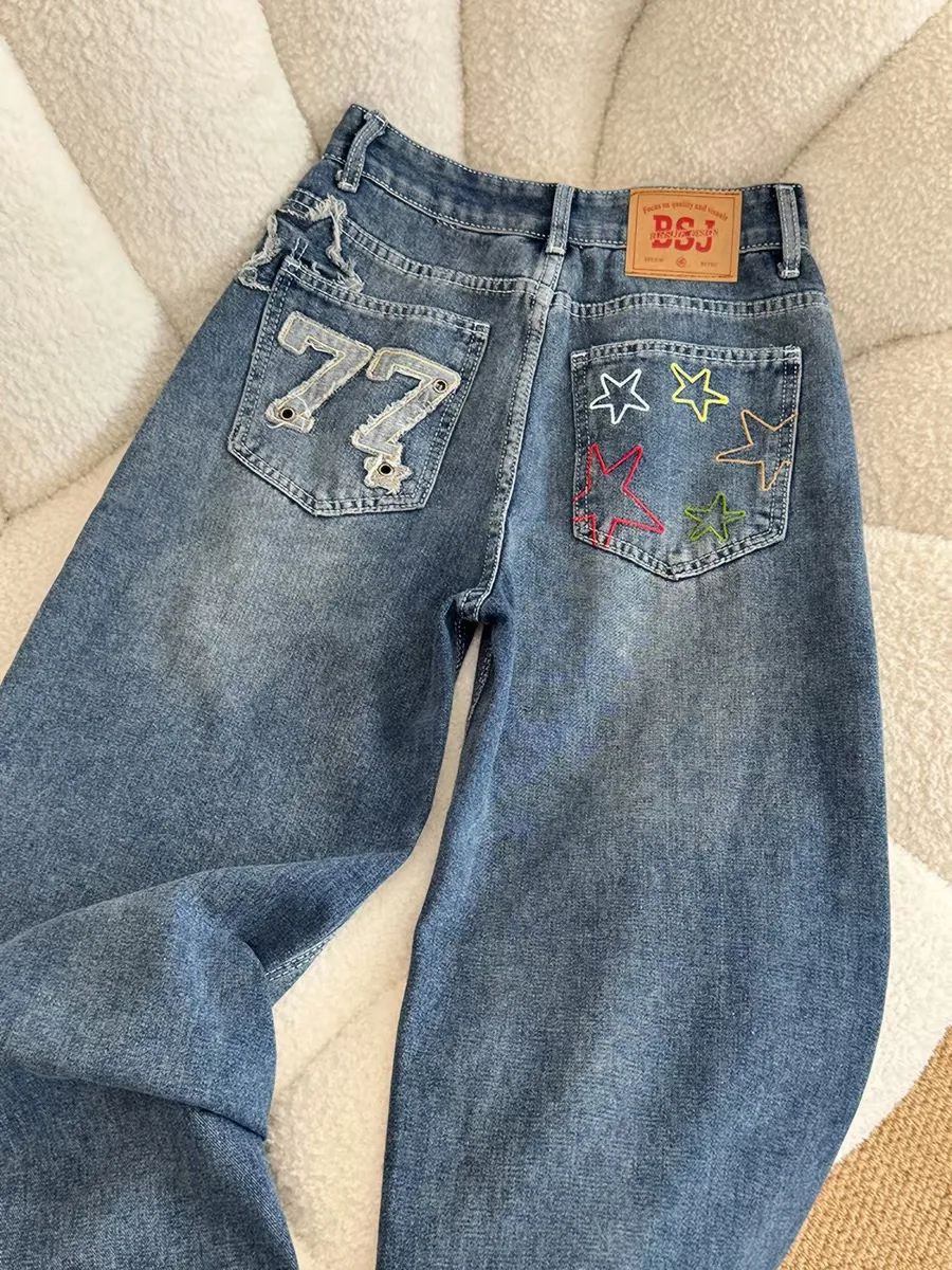  Star Letter Embroidery Workwear Jeans Women's Cleanfit Flared Slimming Straight Leg Pants High Waist Denim Jeans