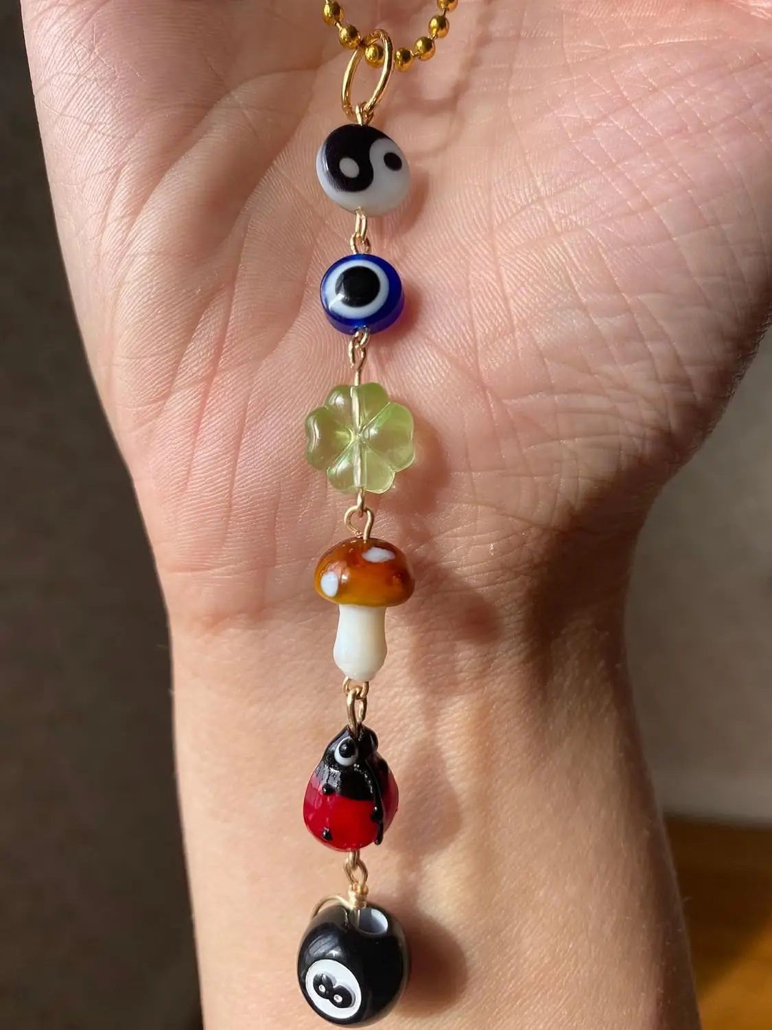 Evil Eye  Hanging Ornament,Good Lucky Days  Charm,8  Mushroom Four-Leaf  Pendant for  Rear View ,Cute  Evil Eye Ladybug Yin Yang