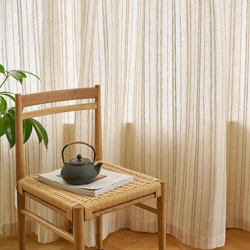 

Japanese homestay linen single stripe curtains tulle for living rooms bedrooms study tea rooms cotton linen curtains yarn Custom