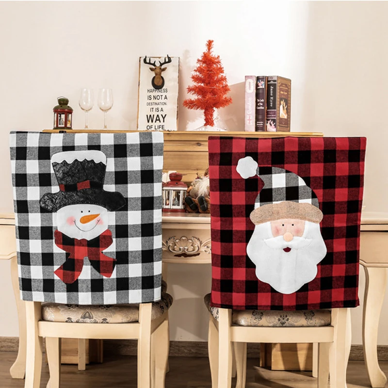 

Red and Black Plaid Old Man Snowman Chair Cover Christmas Decorations Home Restaurant Place Setting Supplies