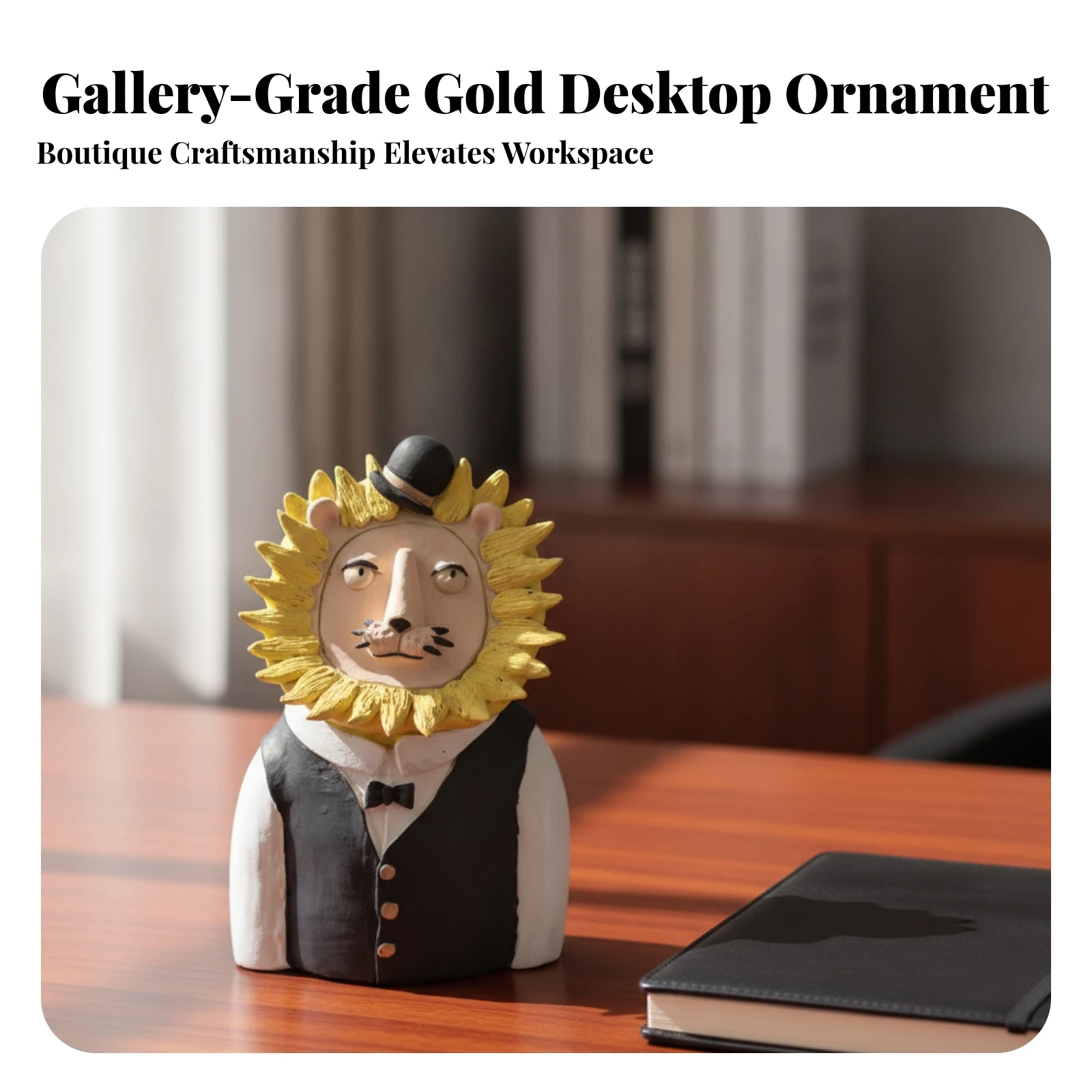 Lion Figurine with Top Hat Decorative Animal Statue in Suit Lion Bust Compact Decor Detailed for Collectors, Bookshelf
