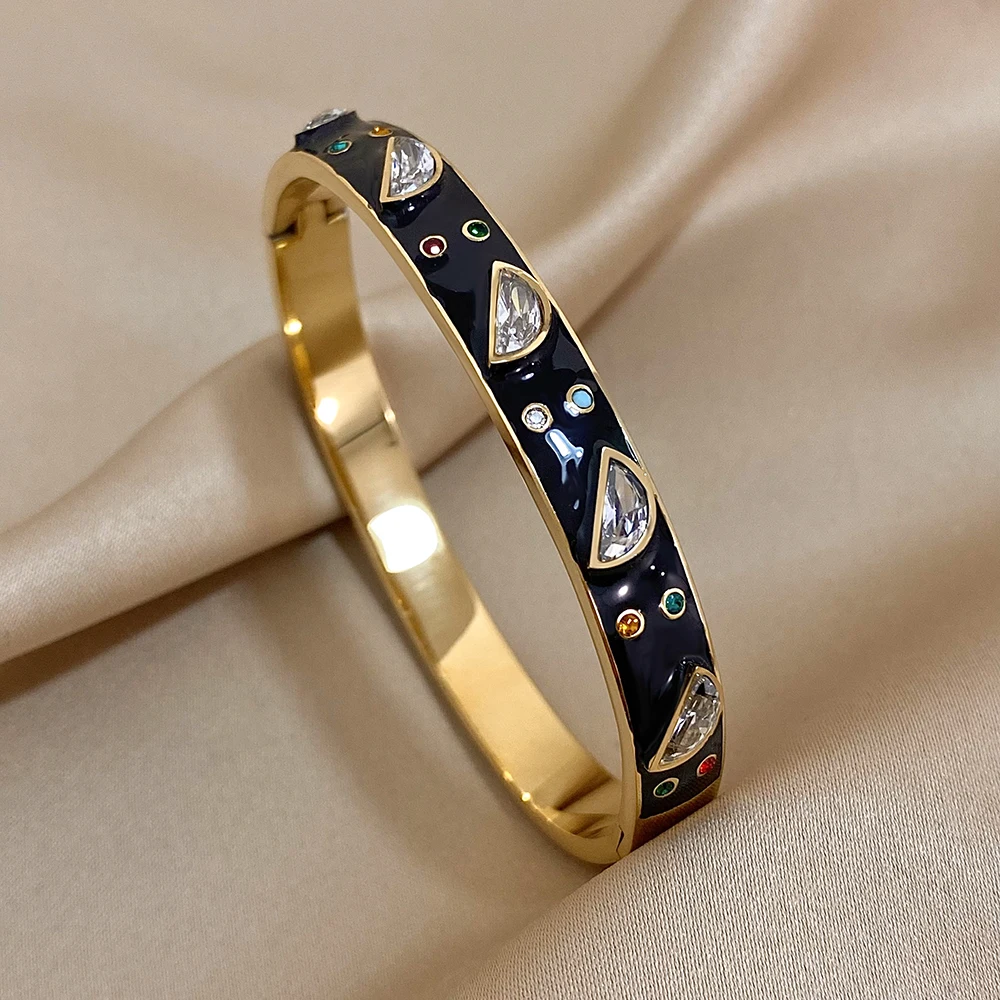 Unique Design Geometric Zircon Colorful Enamel Stainless Steel Cuff Bangles Bracelets for Women Charm Gold Plated Jewelry Gifts