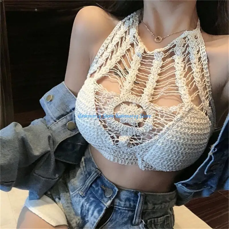 573B Bohemian Halter Neck Backless Bra Top with Adjustable Straps Beach Vest