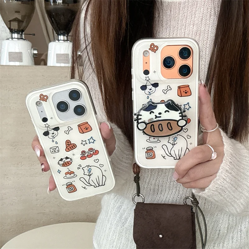 

Kawaii Cartoon Cat Animal Phone Case For iPhone 17 16 Pro 14 15 Pro Max Cover with Stand Shockproof Protective Cases For iPhone