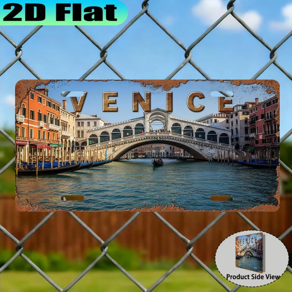 Italy Venice Canal City Rialto Bridge & Gondola Vintage 2D Flat Aluminum License Plate Style Sign Indoor Outdoor Wall Decor