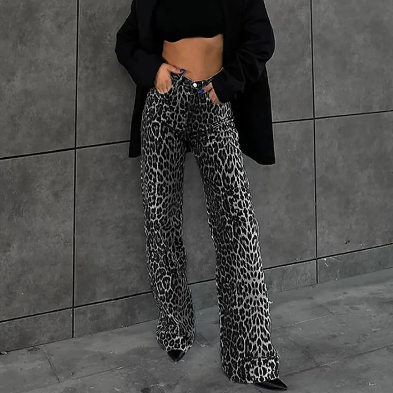 Calça casual de cintura alta personalizada feminina, roupa jovem, estampada em leopardo, calça reta, nova, verão, 2024