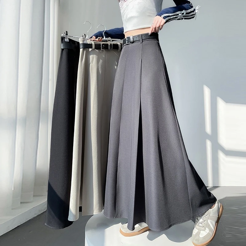

Осенние плиссированные женские длинные юбки-зонтики с высокой талией и поясом, новинка 2025, однотонные элегантные офисные прямые юбки трапециевидной формы, женские