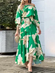 Temperament Print Off Shoulder Dresses Women Slant Collar Lantern Sleeve High Waist Leace-up Irregular Dress Female New Vestidos