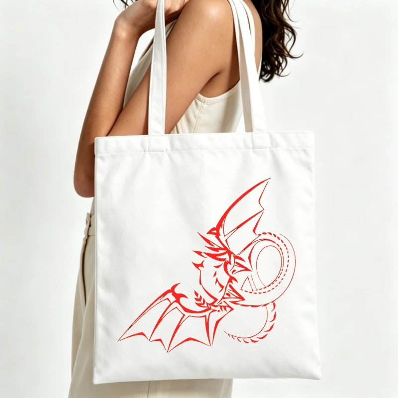 fantasy dragon graphic canvas tote bag, casual style for daily shopping and summer outings