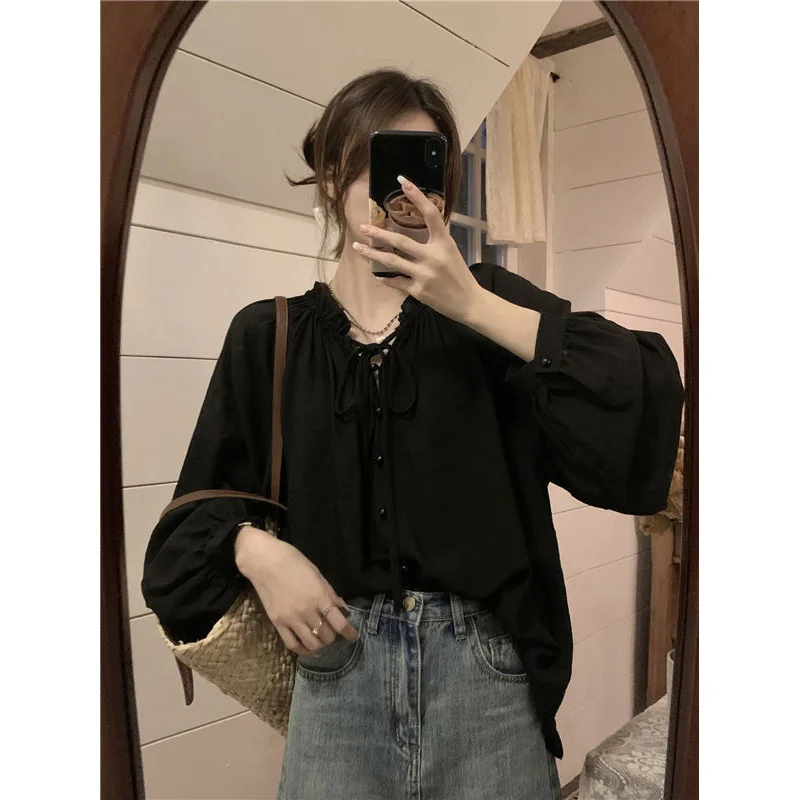 2024 New Summer Minimalist Loose Casual Commuting Versatile Fashion Tie Up Sweet Lace Collar Long Sleeved Sun Protection Shirt