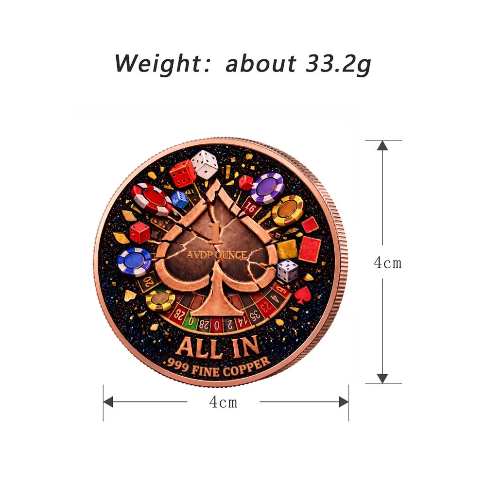 1 OZ .999 Fine Copper Casino Skull Coin ALL IN House Always Wins Poker Dice Chip Collectible Medal Gambling Souvenir Hobby Gift