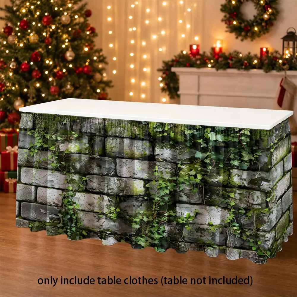 2D flat print, rural retro style, round tablecloth and table skirt, moss stone wall ivy pattern