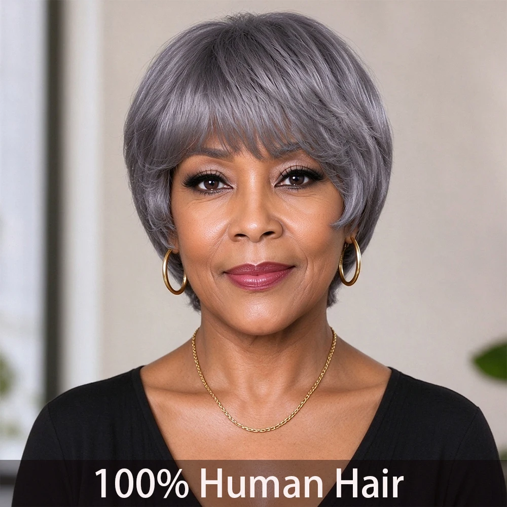 Human Hair Wig - Natural Look Elastic Net Cap 180% Density Layered  Fully  Machine   Made Straight Pixie Cut with Bangs