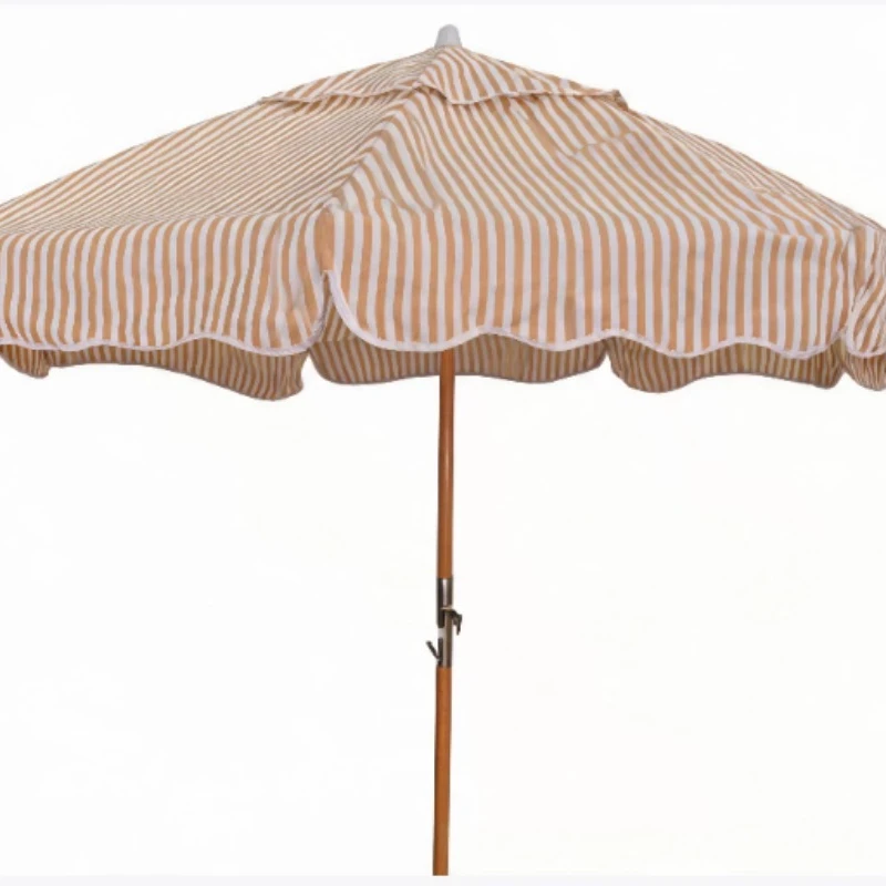 Luxury Striped Outdoor Garden Umbrella Vintage Beach Parasol with Wave Edge and Wooden Pole, Windproof, Perfect for Garden Cafe