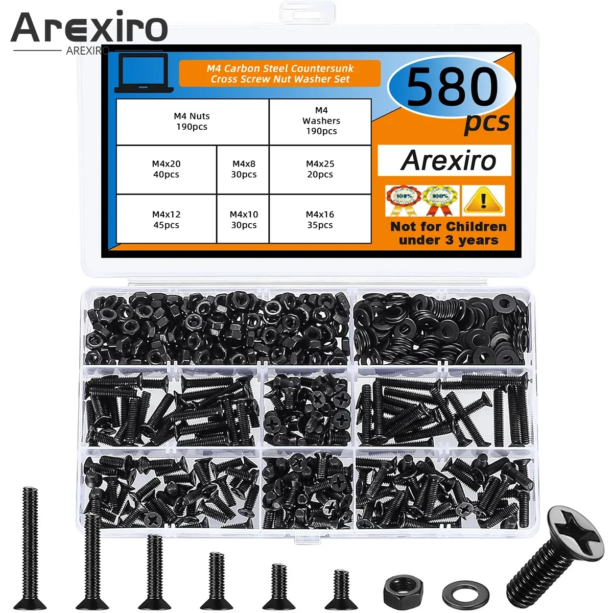580Pcs M4x8/10/12/16/20/25mm Black Cross Flat Head Carbon Steel Screw and Nut and Washers Set