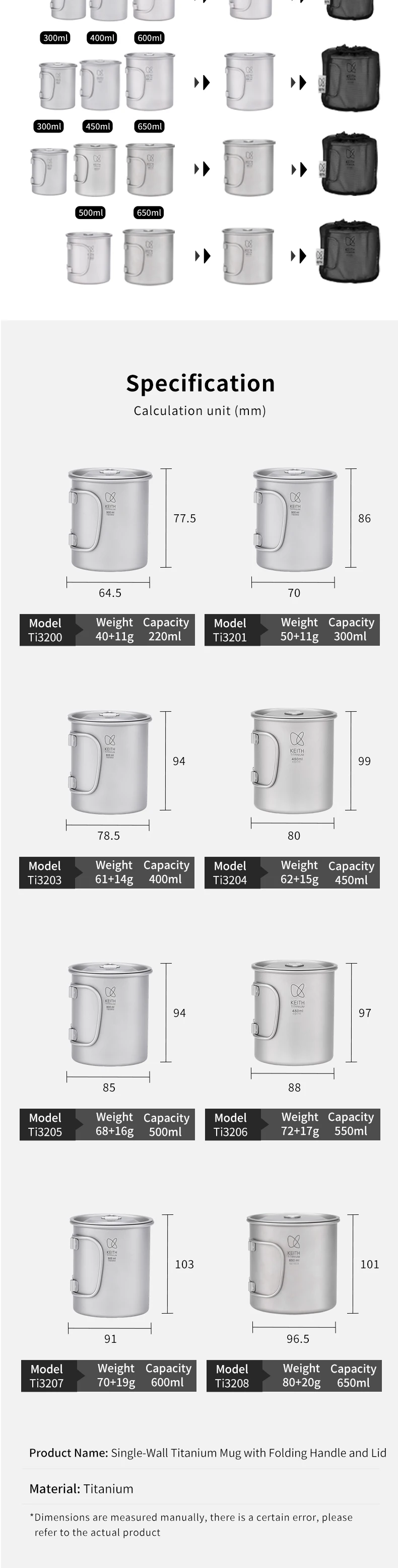 KEITH Titan-Becher mit Klappgriff, Einwandige Ultraleichte Camping-Tasse für Outdoor-Rucksacktouren, Wandern & Herdplattengeeignet – Detail 10