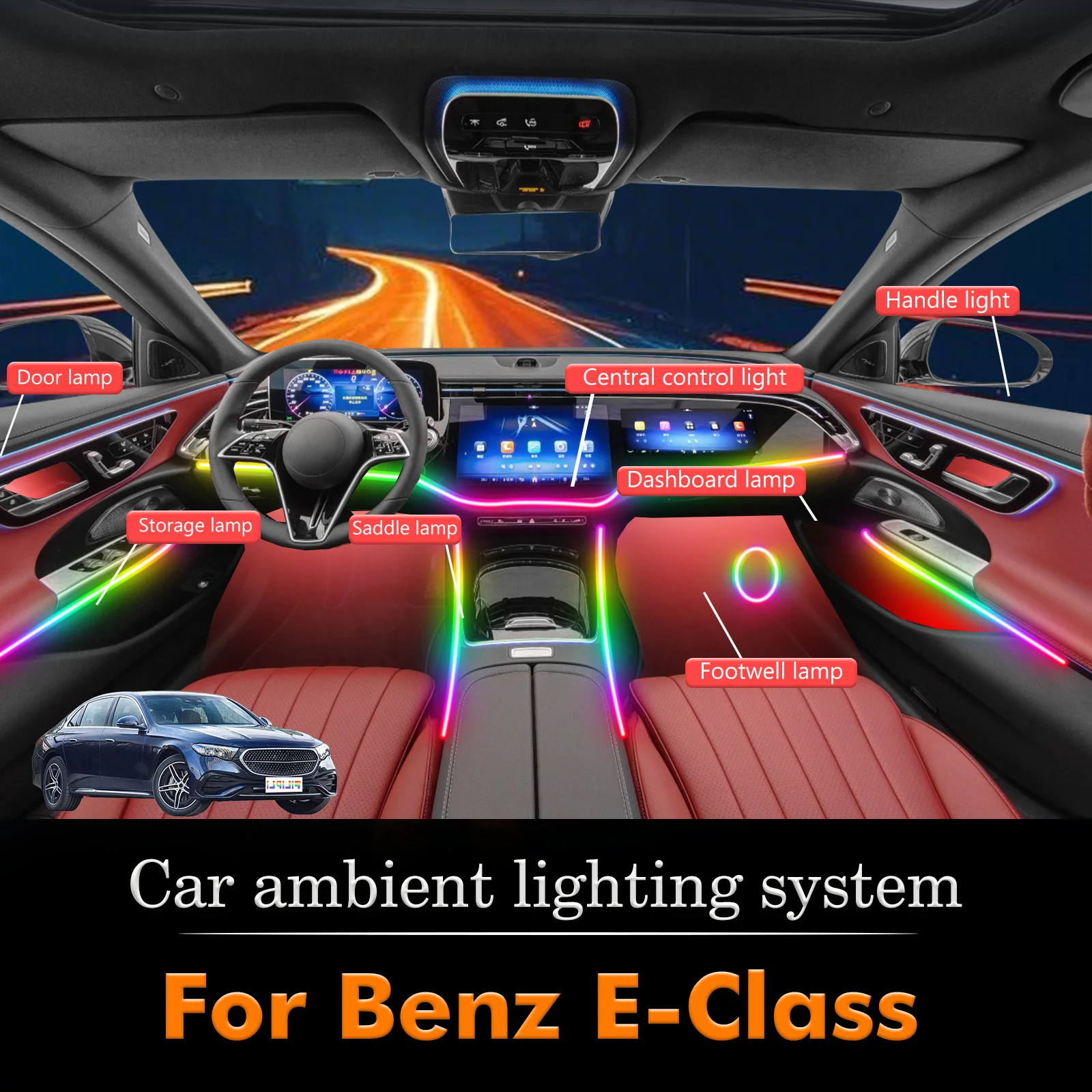 

For BenZ E-Class RGB 64 Colors LED Car Interior Ambient Light Smart Remote Control Rainbow Acrylic Strip Set