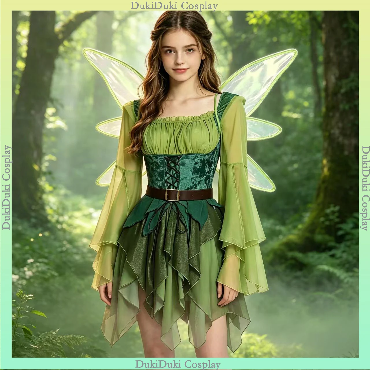 

Women's Elf Medieval Green Fairy Dress Elf Role Playing Costume Magical Elf Dress and Belt with Wings Halloween Cosplay Costumes