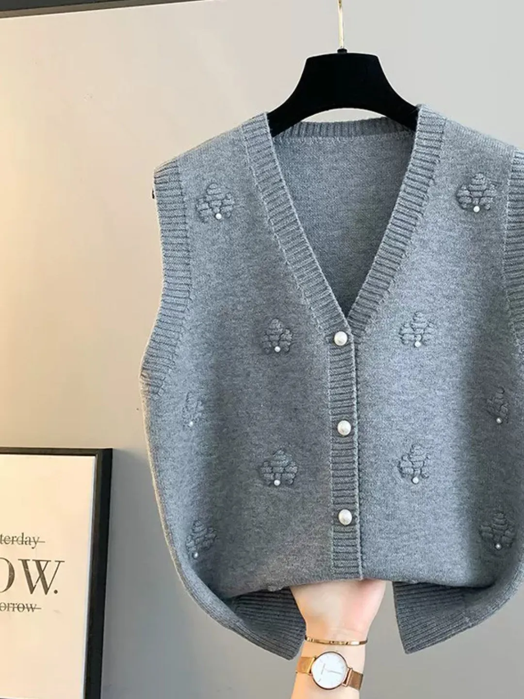 Women's Open Cardigan Knitted Loose Outerwear Fashionable Vest Sweater Shoulder Pad Spring Autumn Layering Polyester Acrylic ...